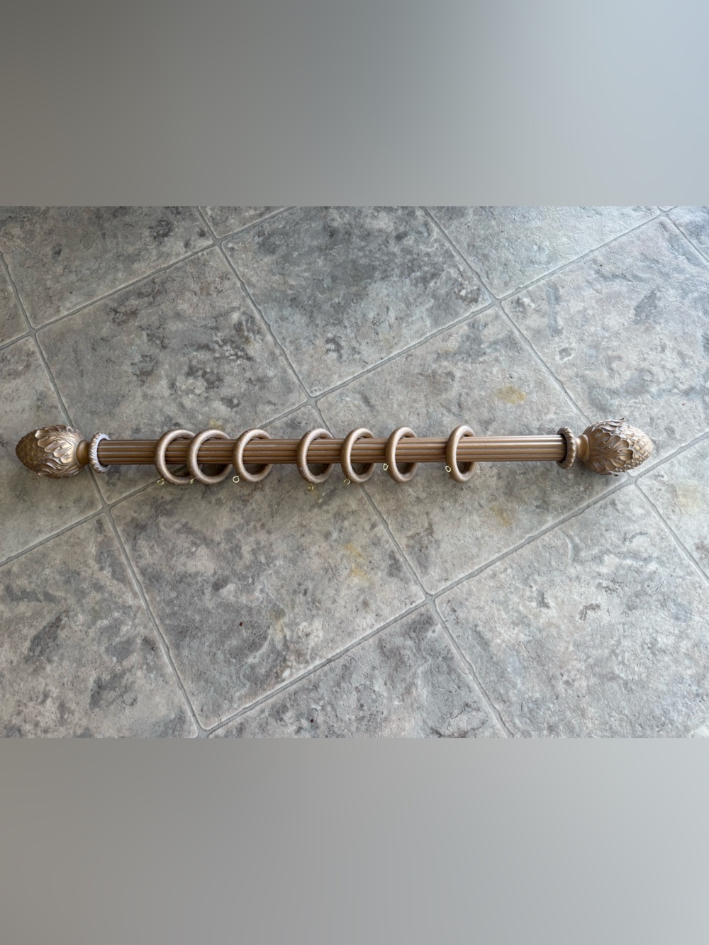 Vintage Gold Leaf Pineapple Resin Curtain Rod Set Fluted Wood Pole 7 Rings 32»